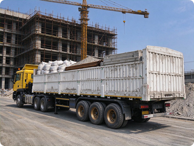 TRUCKMAN side wall semi trailer carrying sand at a construction site